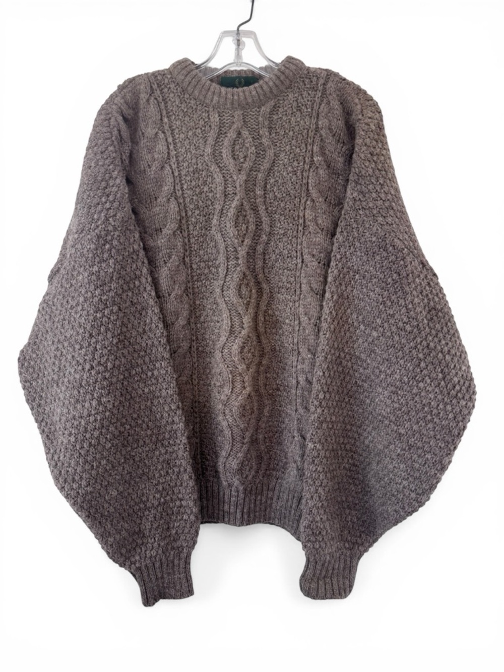 Fred Perry Wool Crewneck Sweater Taupe Brown Cable Knit Fisherman Style M